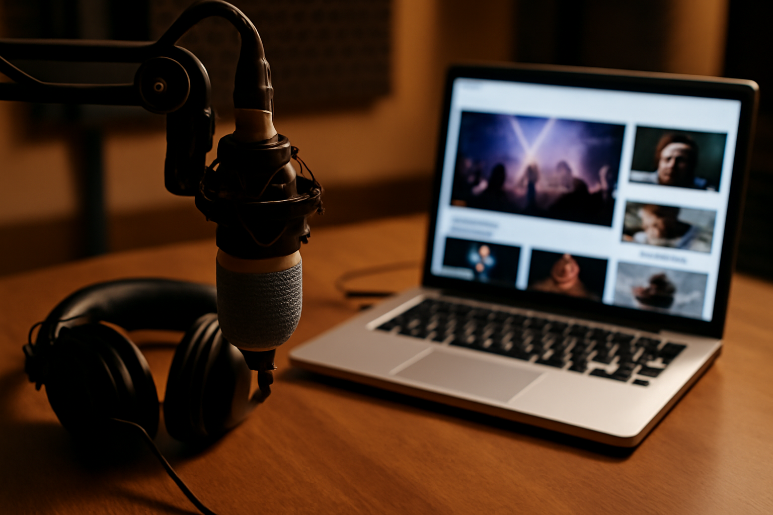 A radio studio microphone and headphones next to a laptop displaying a music news website