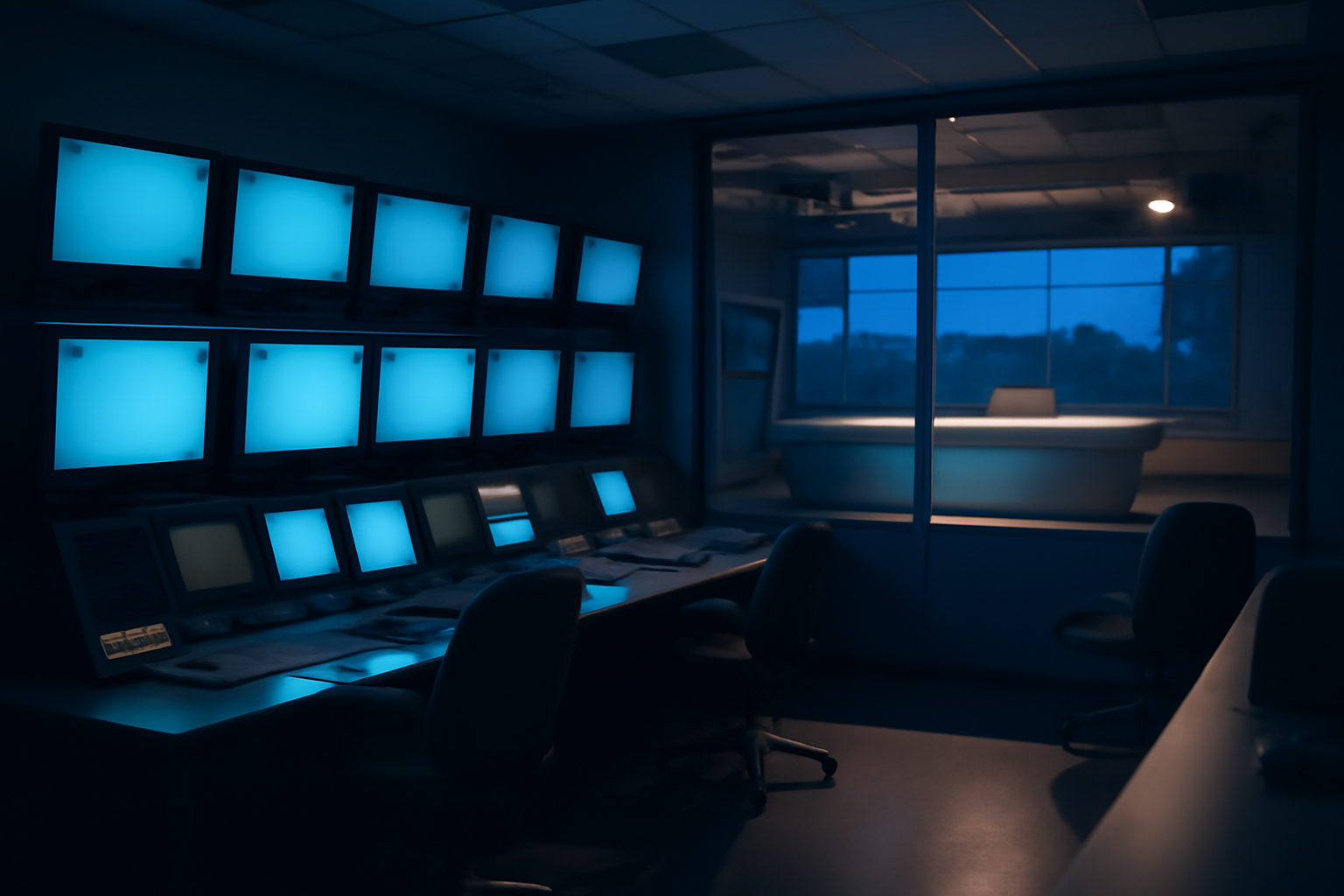 Empty local television news control room with rows of broadcast monitors