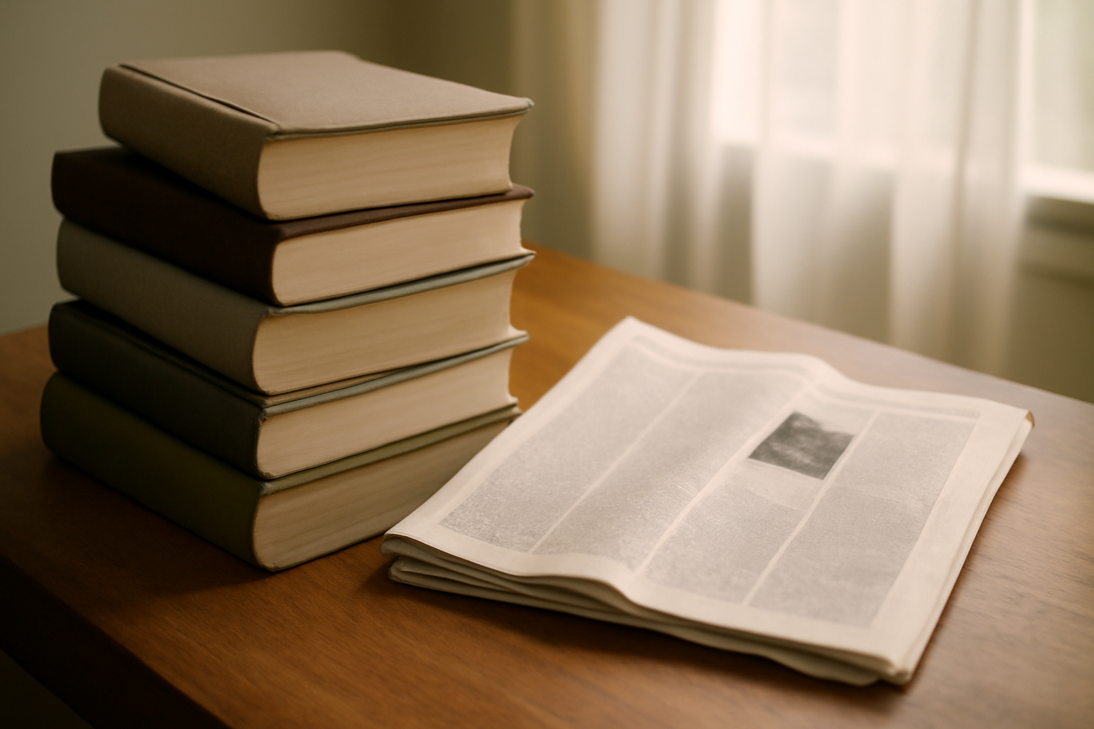Stack of nonfiction books on corporate influence sitting on a newsroom desk beside a newspaper book-review section
