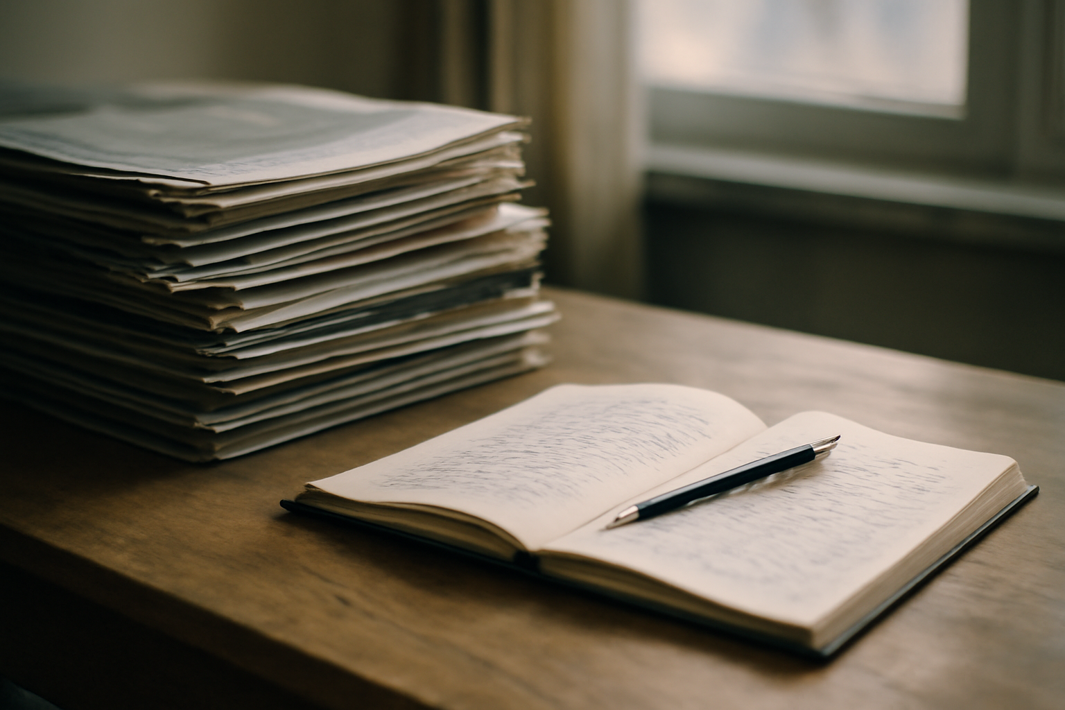 A stack of newspapers and magazines on a wooden desk beside an open notebook and pen, suggesting press review and criticism