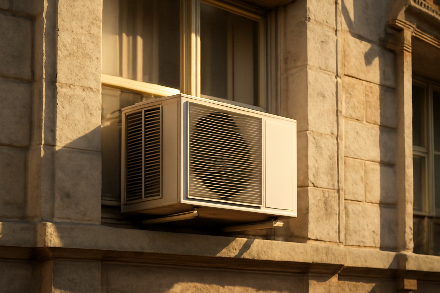 A window air conditioning unit installed on an older European apartment building facade