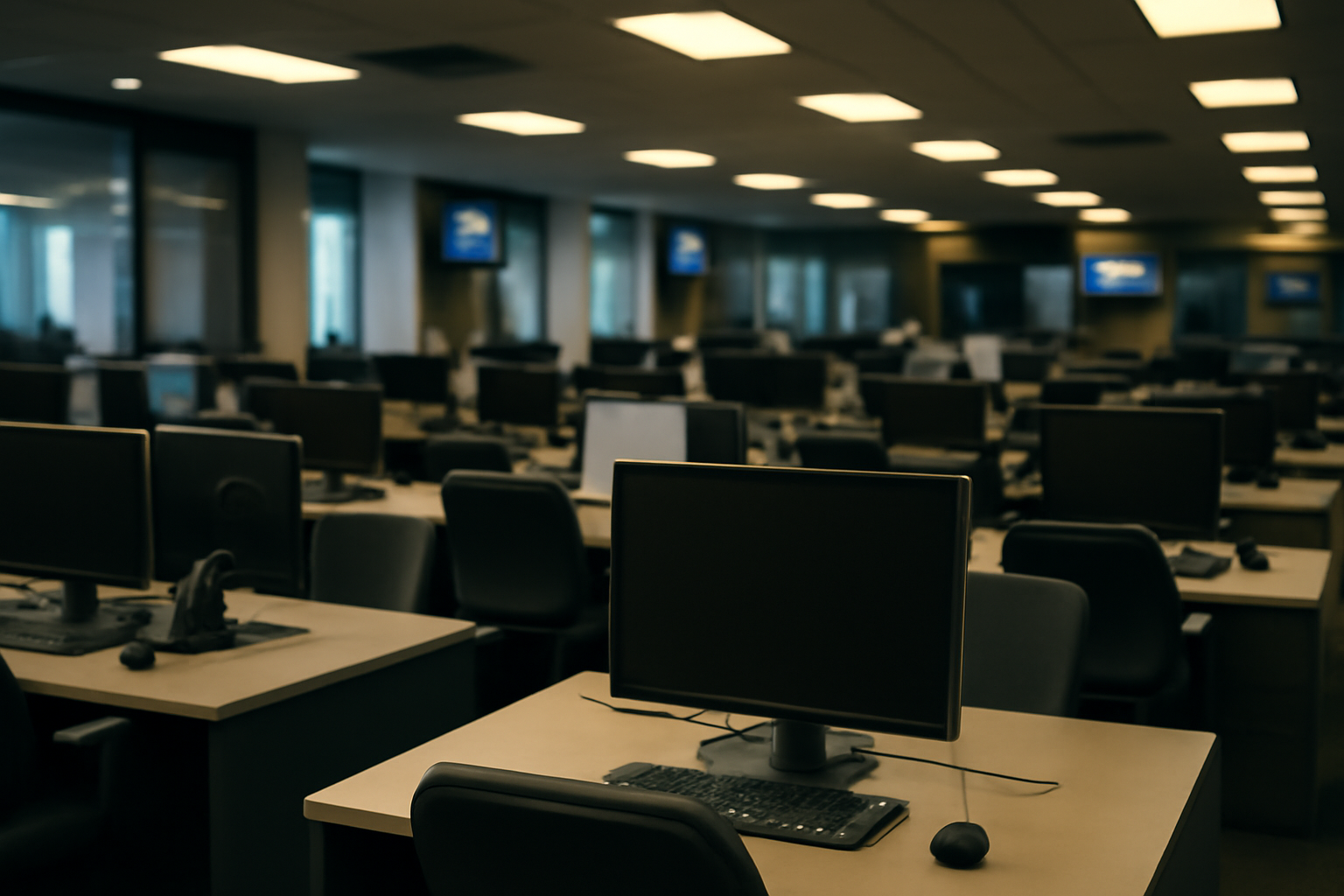 Rows of empty newsroom desks with computer monitors glowing under overhead lights