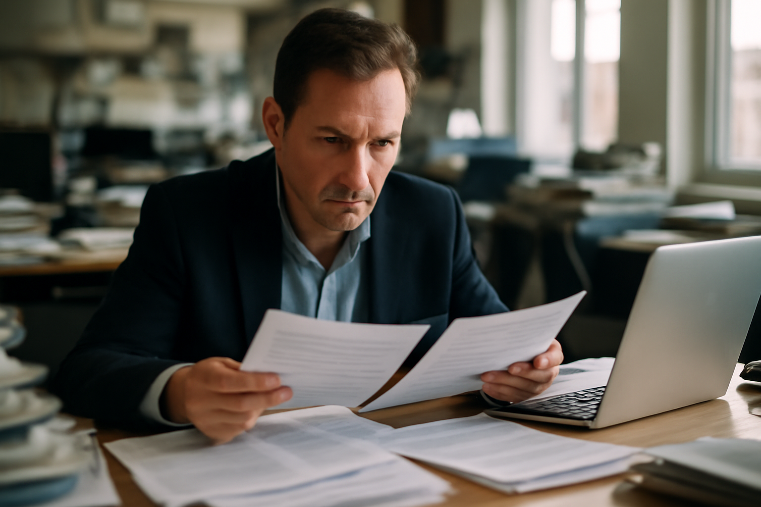 A hiring manager reviewing resumes at a cluttered newsroom desk with a laptop and coffee cup