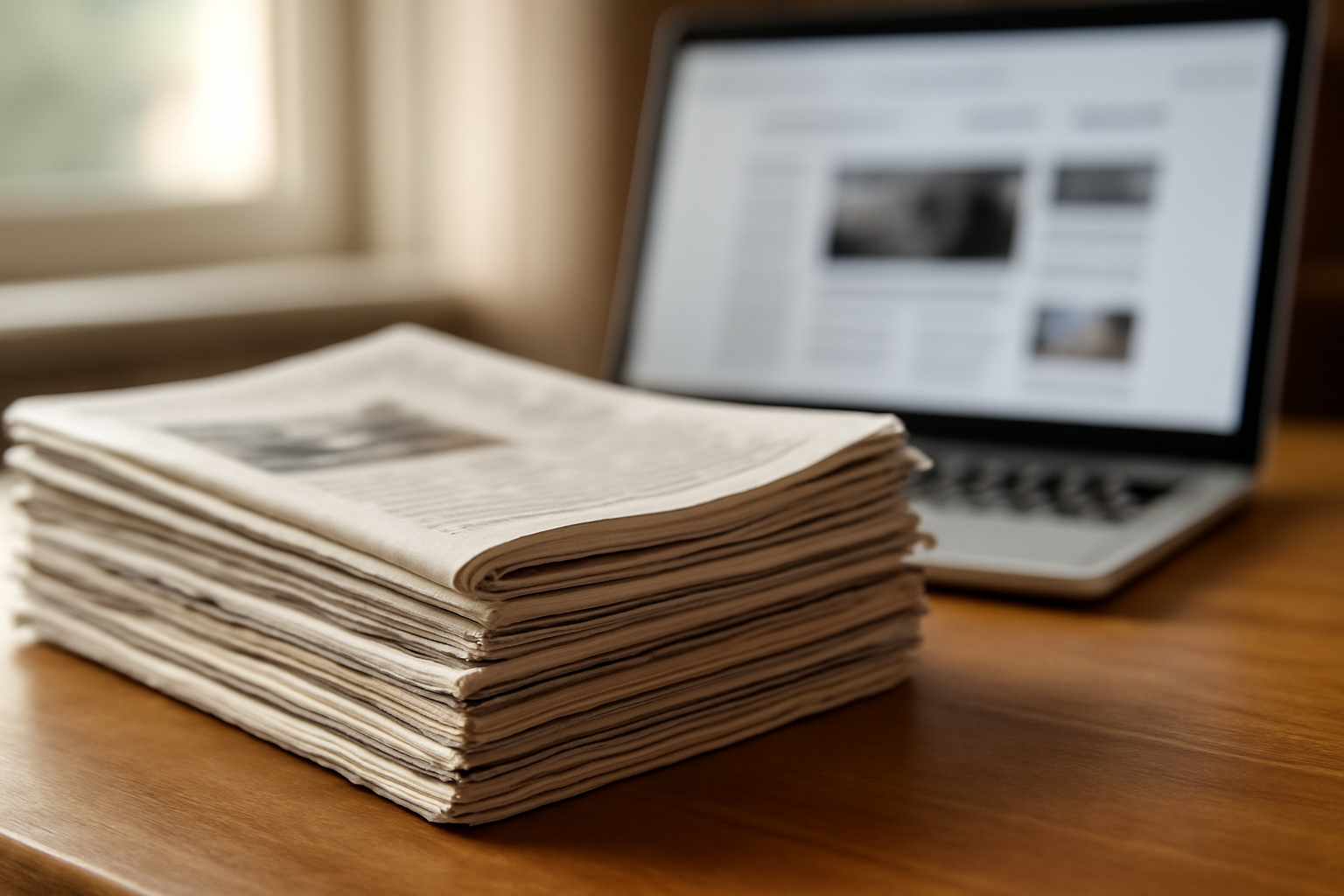 Stack of printed newspapers on a wooden desk beside an open laptop showing a news website