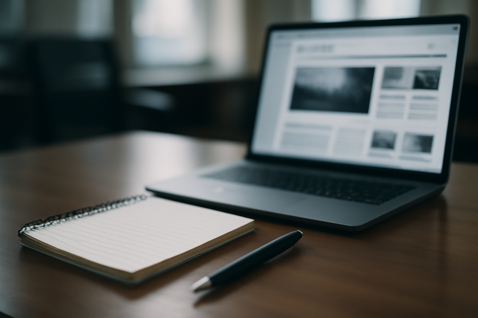 A journalist's notebook, pen, and laptop displaying a news website on a newsroom desk