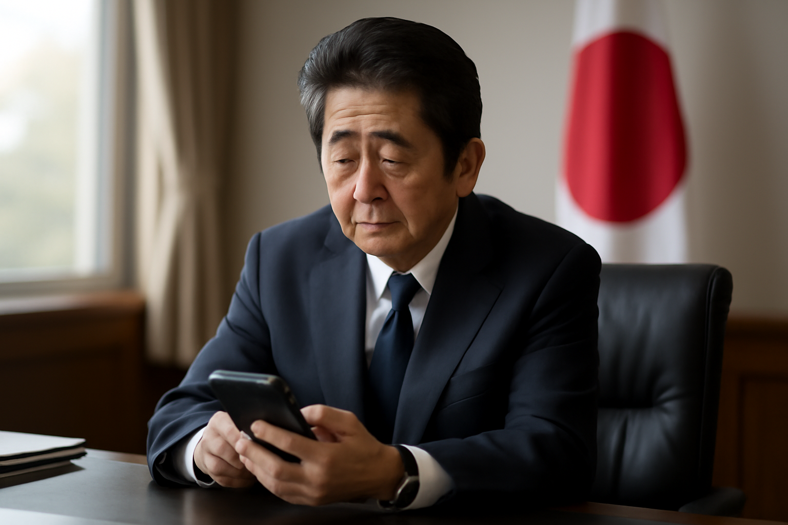 A politician checks a smartphone at a desk with a national flag visible in the background