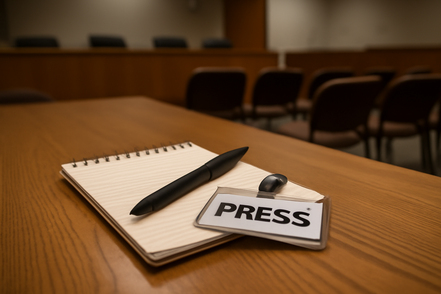 A reporter's notebook and pen on a wooden table at a county government meeting