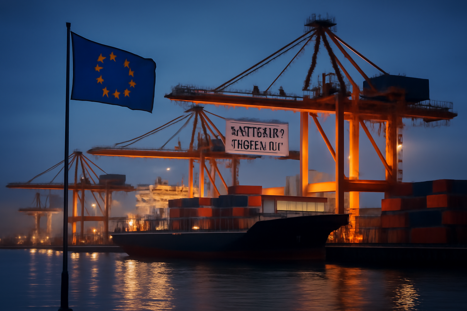 Shipping containers at a European port with Chinese and EU flags visible nearby