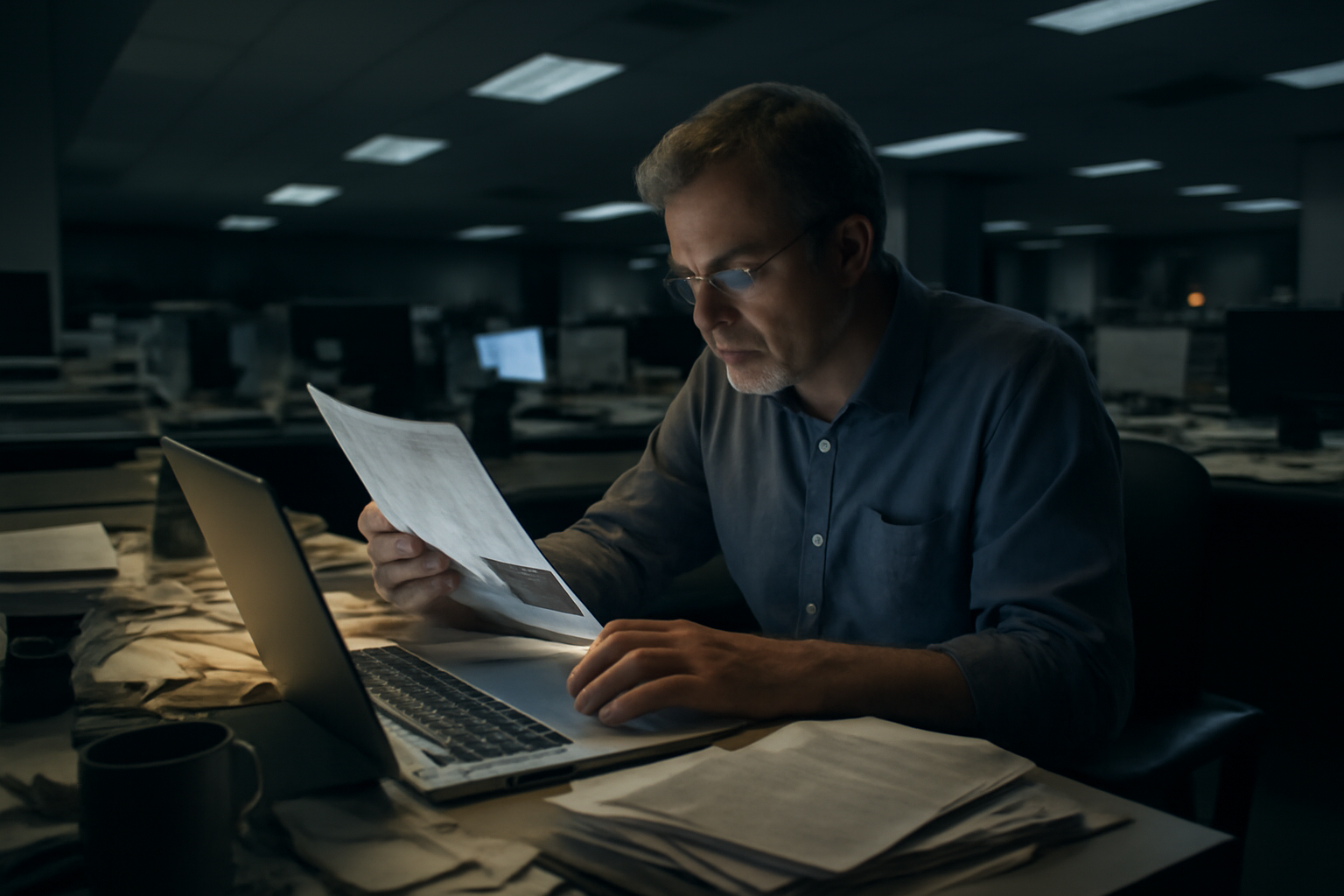 An editor at a wire service desk cross-referencing a printed document against a laptop screen under newsroom lighting