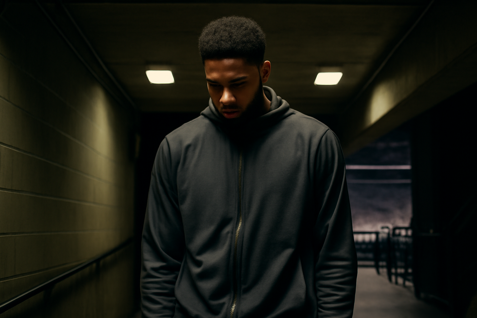 Basketball player in warmups standing alone near a locker room hallway, head down in thought