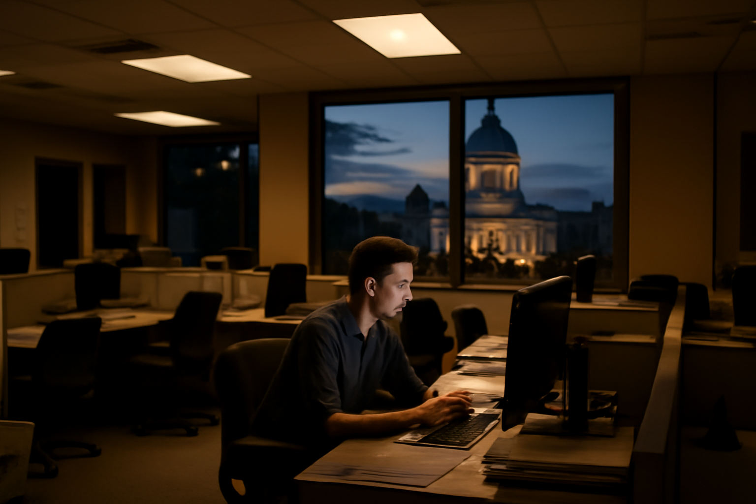 A local newsroom with empty desks and a single reporter working under lamplight at dusk