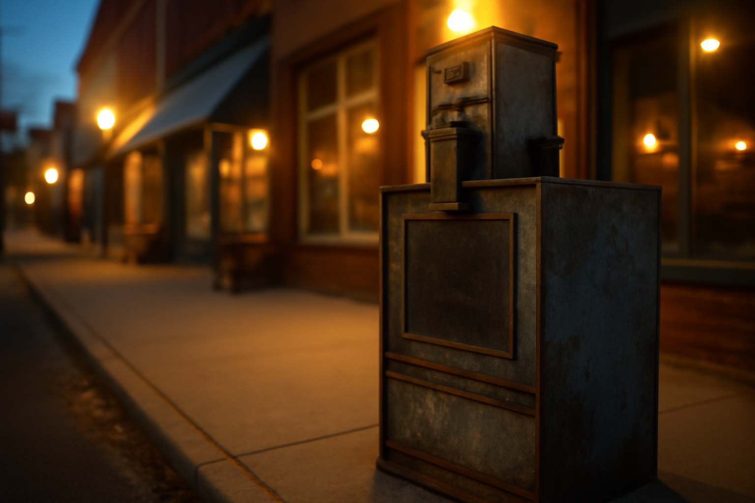 A community newspaper rack outside a small-town storefront at dusk