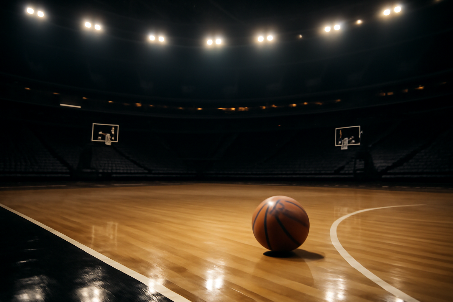 Basketball resting at center court under empty NBA arena lighting