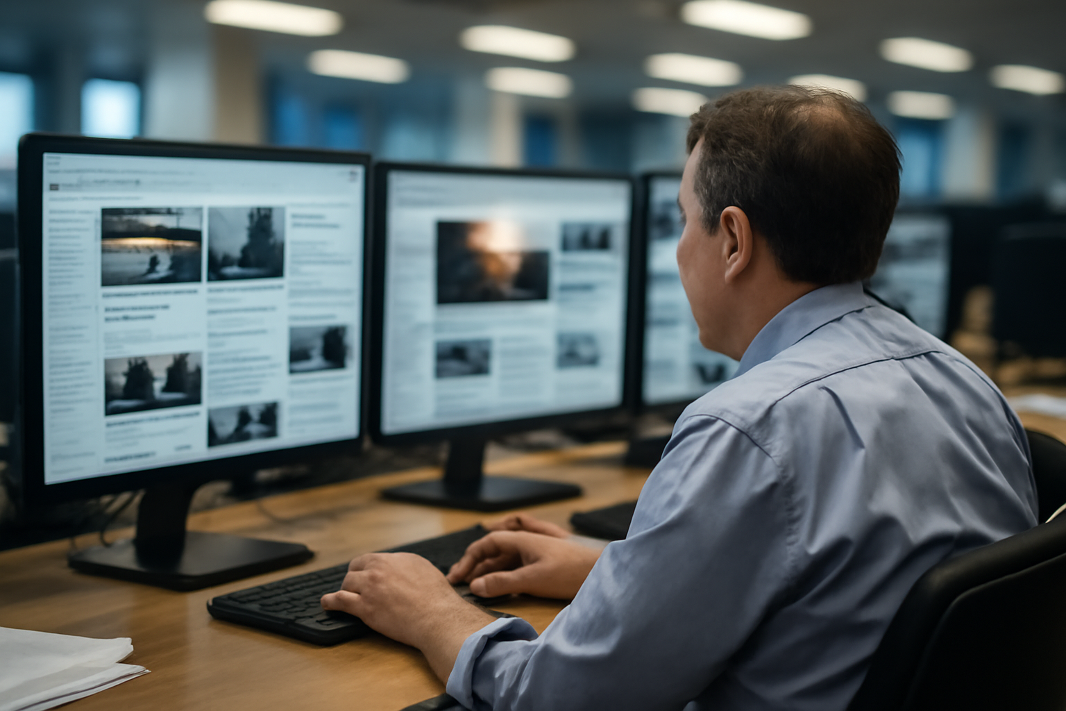 Editor scrolling through a wall of digital news headlines on multiple monitors in a newsroom