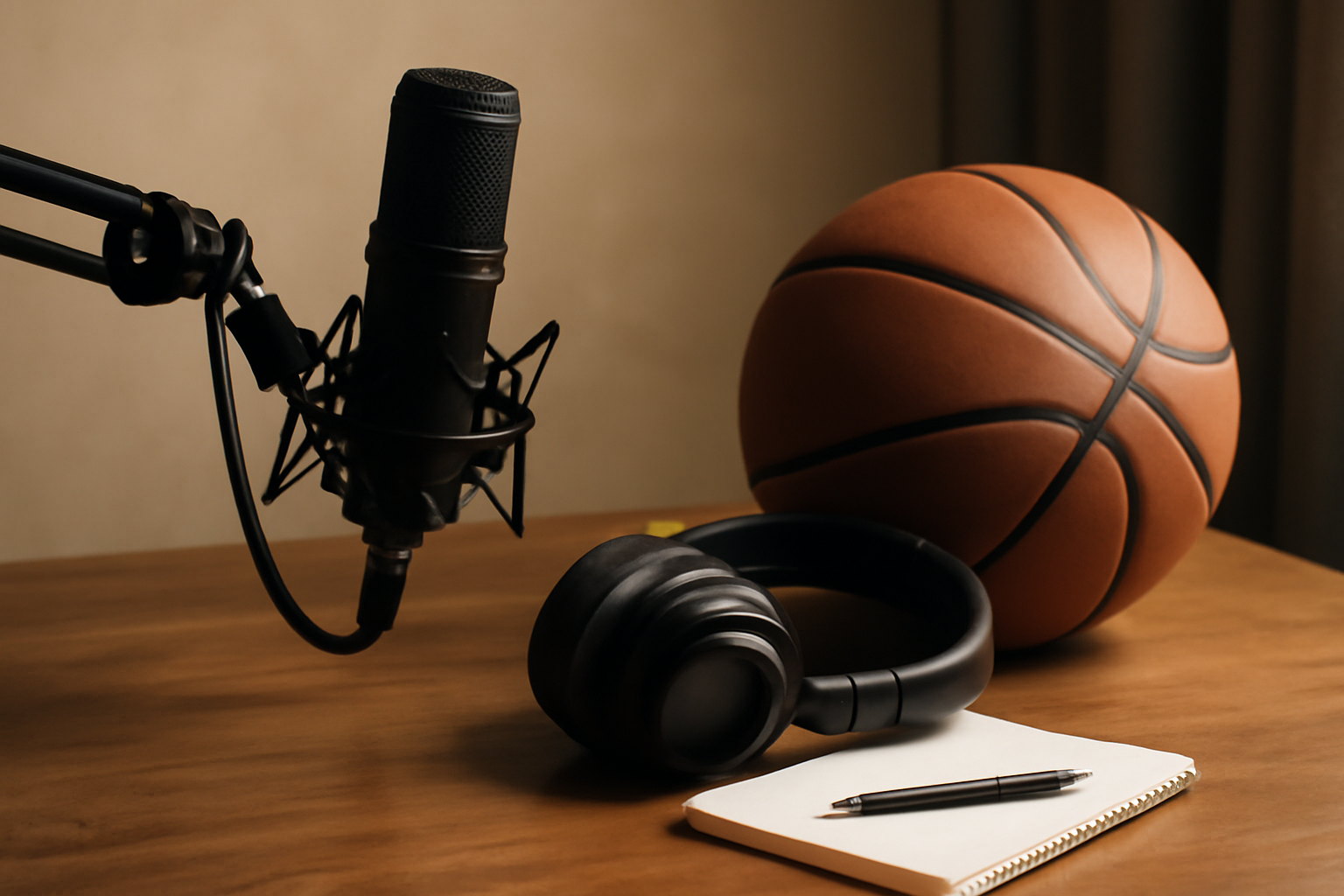 A radio microphone and headphones on a desk beside a basketball, suggesting a podcast recording setup