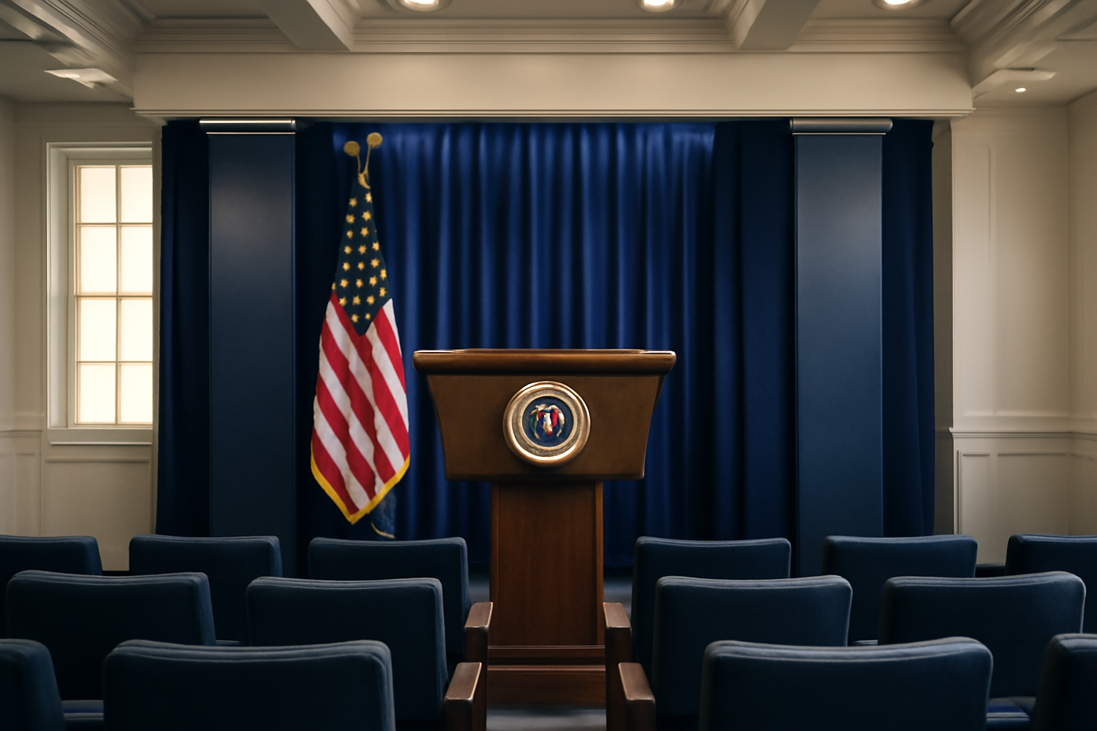 White House press briefing room podium facing rows of empty reporter seats