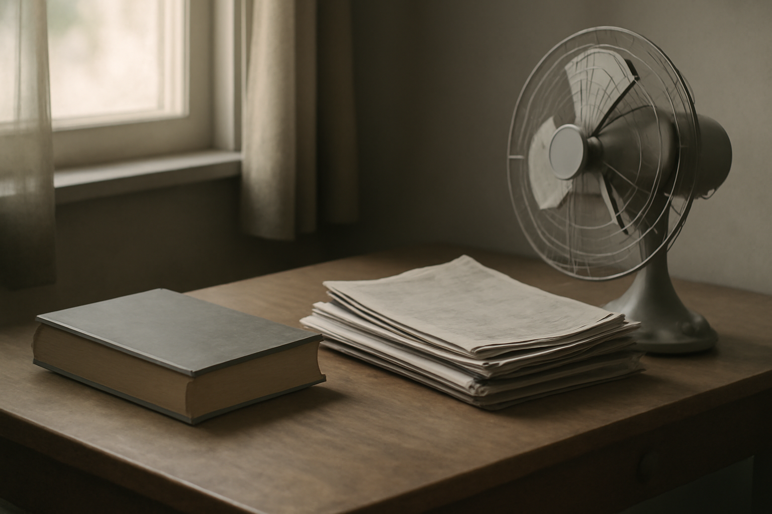 A stack of newspapers and a hardcover book on a desk beside a rotary fan