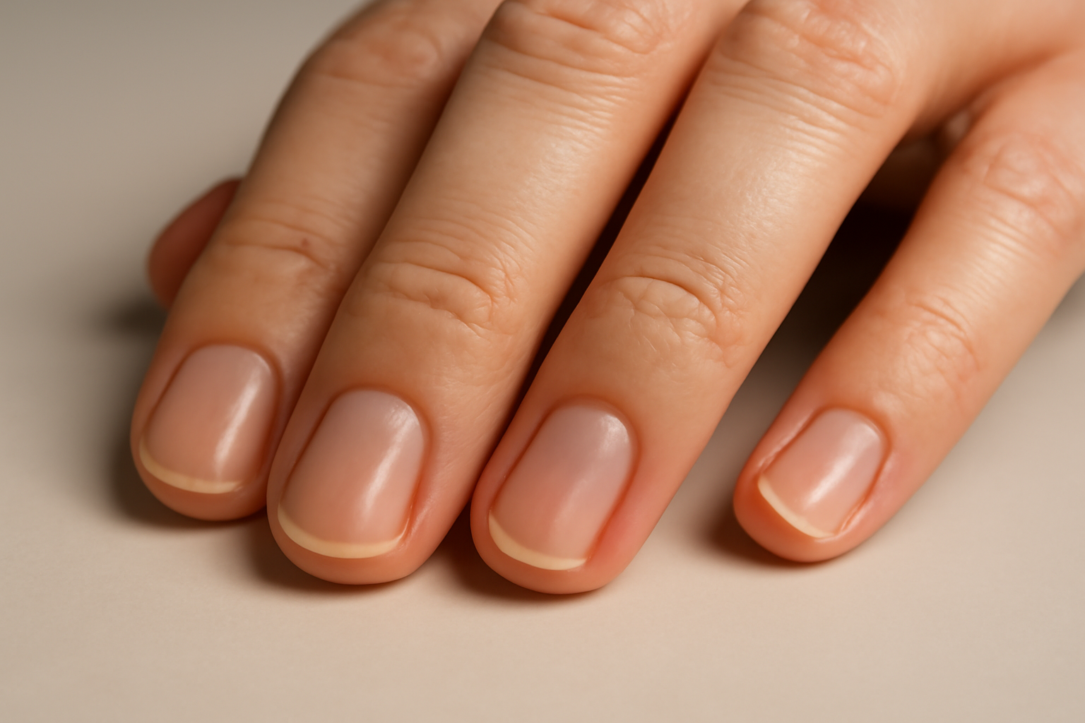 Close-up of bare, unpolished fingernails resting against a neutral background