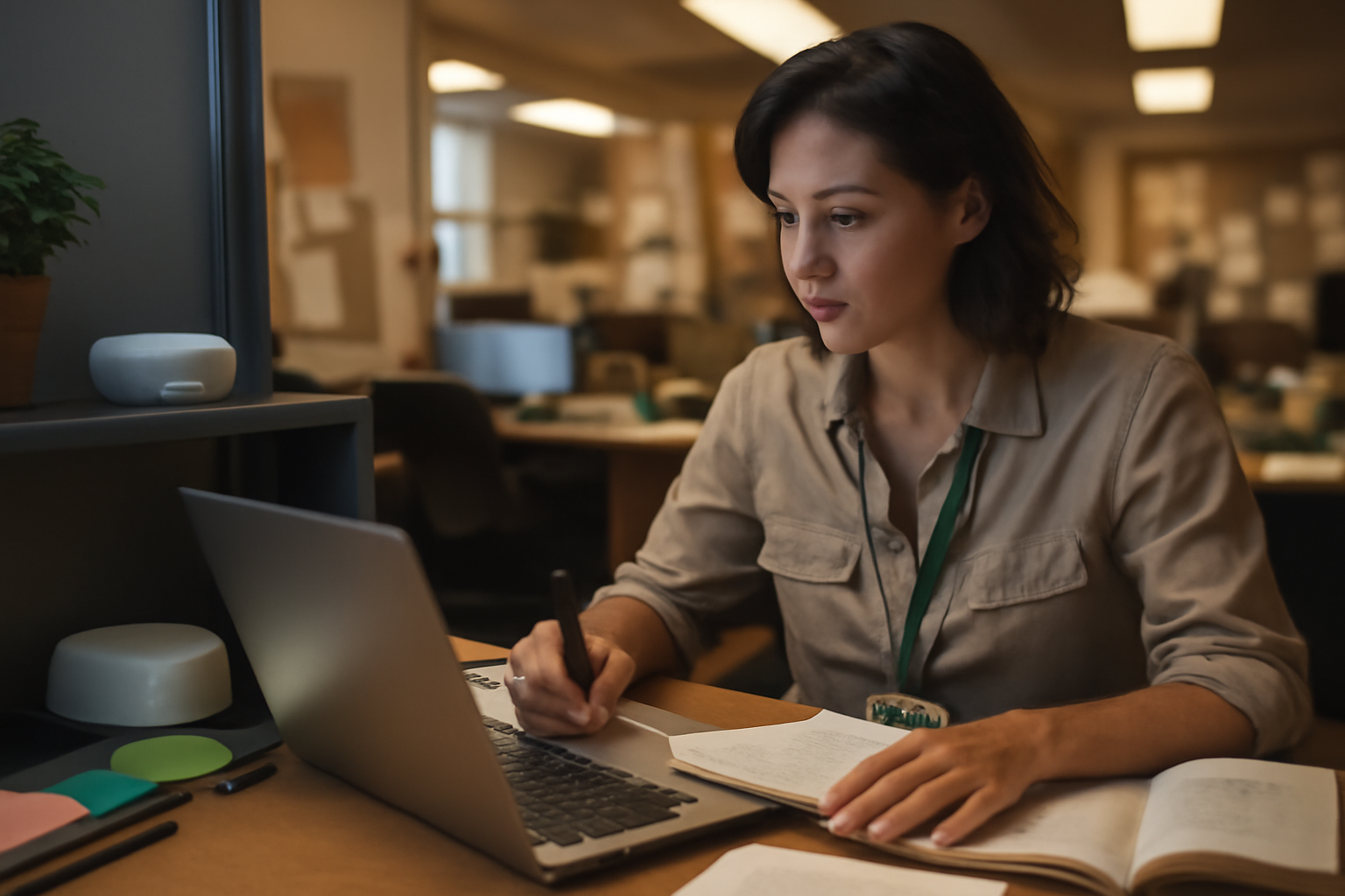 A local newsroom reporter reviewing notes at a desk beside a smart home hub with glowing indicator lights