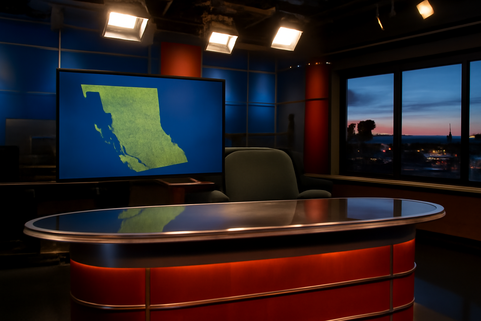 Television news set with a British Columbia map graphic behind an anchor desk