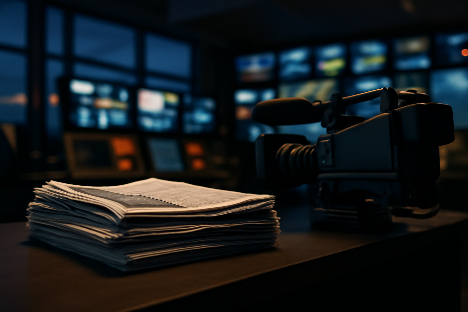 Newspaper front pages and a television broadcast studio camera set side by side under studio lighting