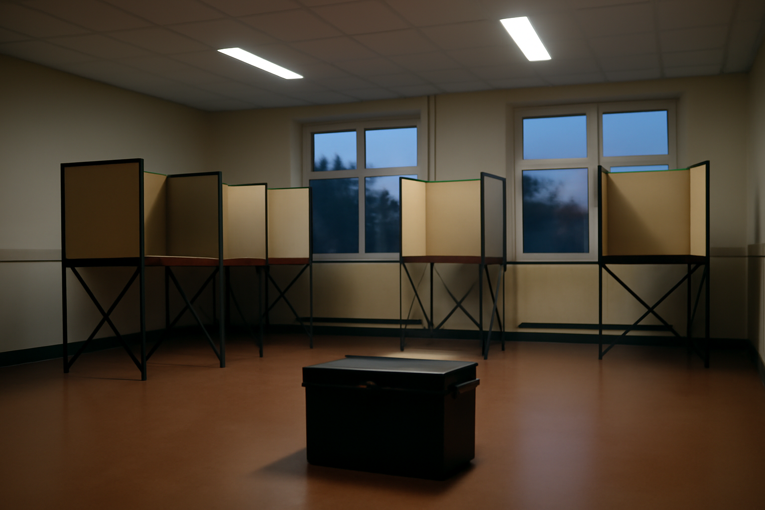 Empty polling station with a ballot box and folding voting booths after results are announced