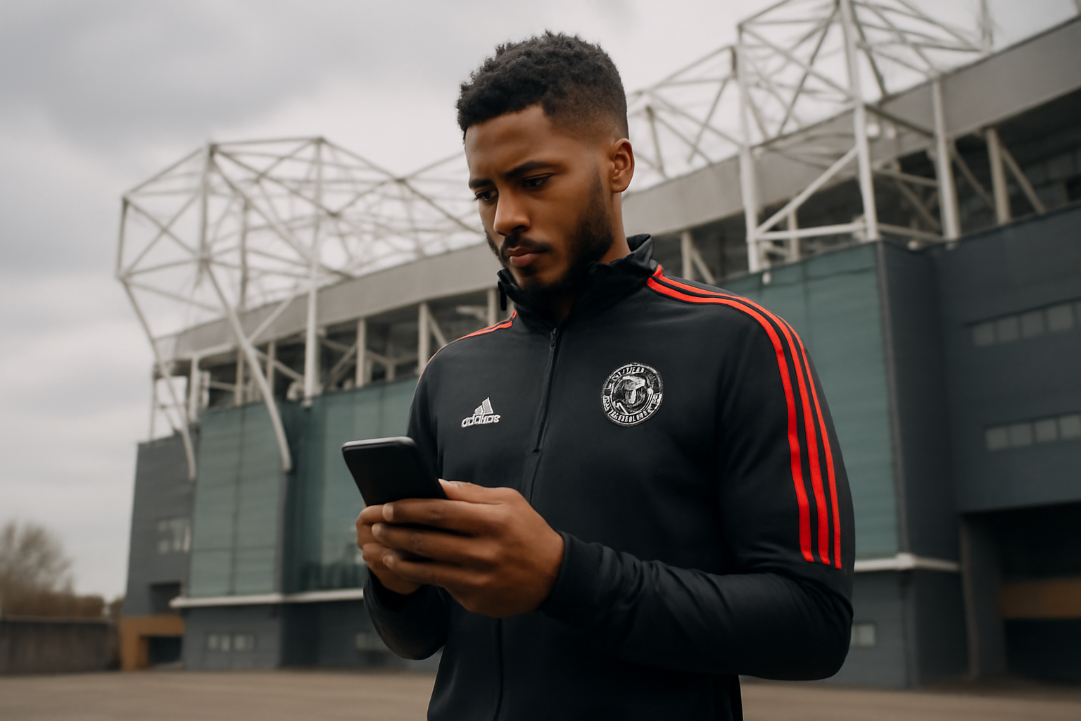 Manchester United player in training kit holding a phone near Old Trafford stadium exterior