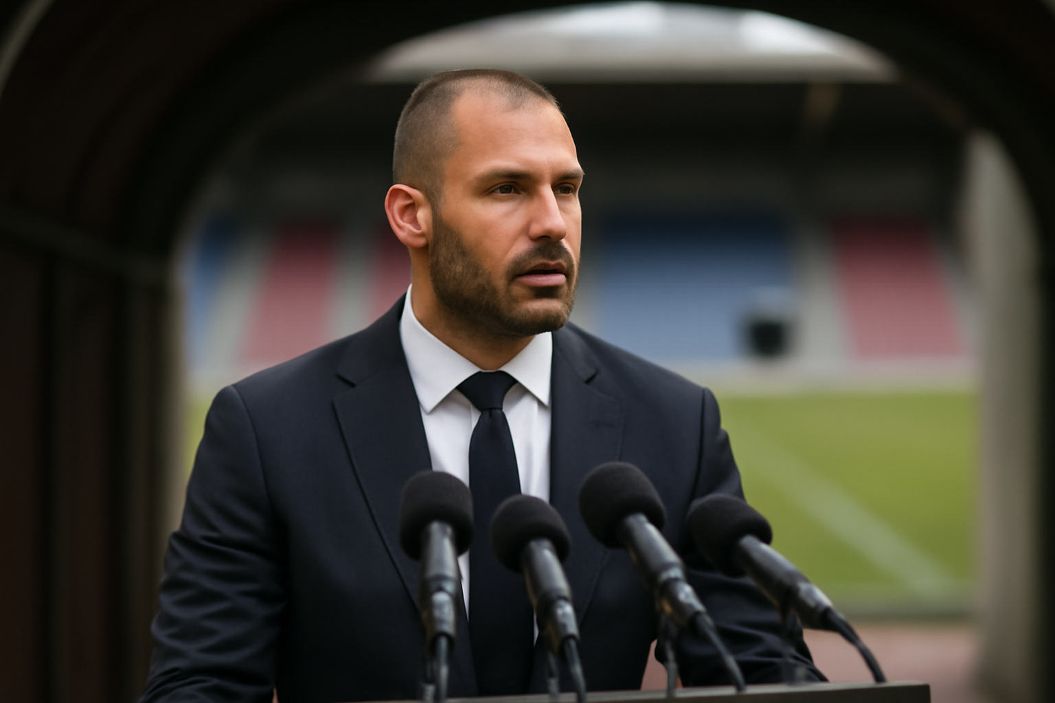 Retired NFL tight end speaking into a microphone at a press event