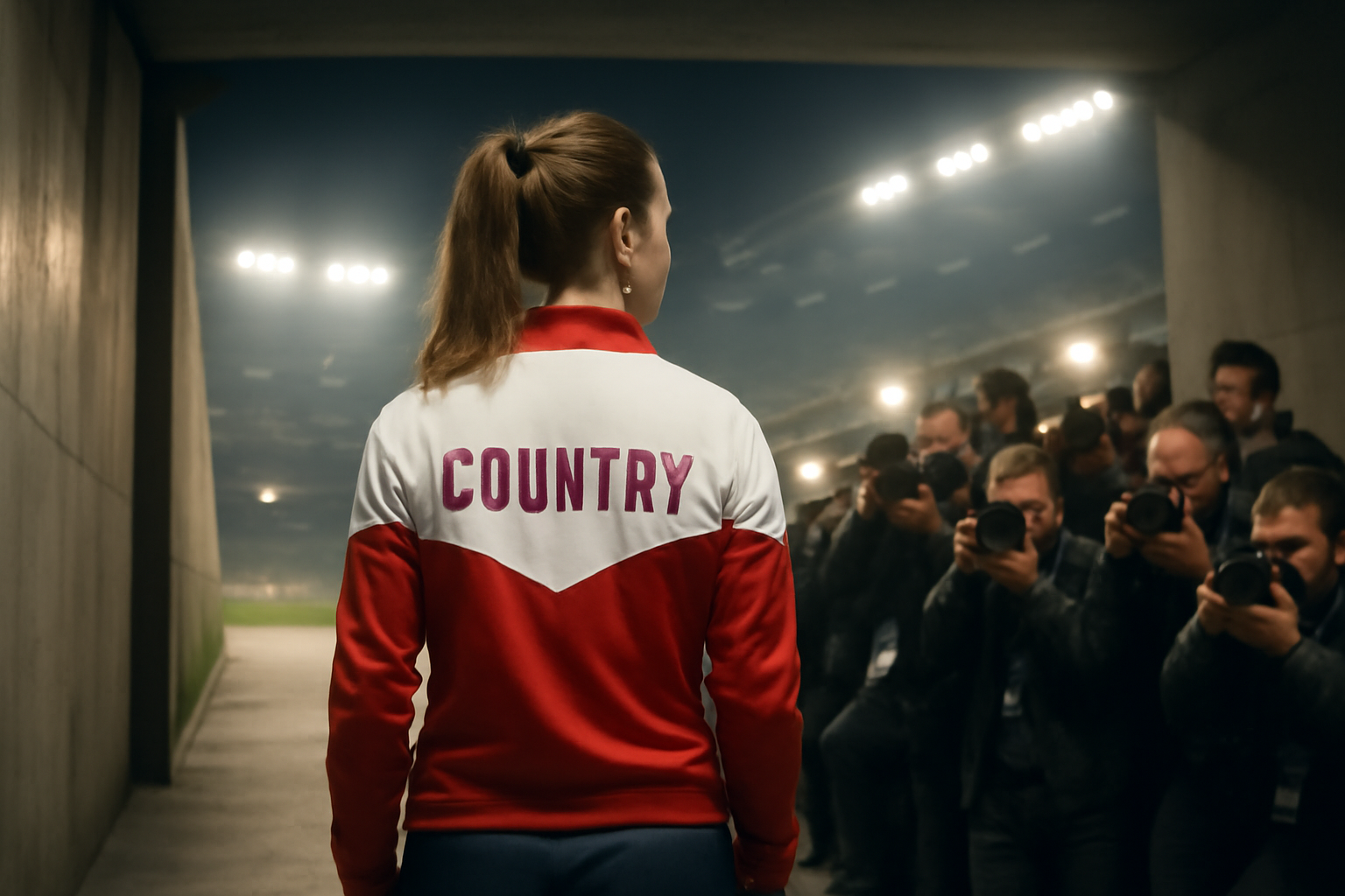 An Olympic athlete in a competition uniform stands in a stadium tunnel facing a bank of photographers