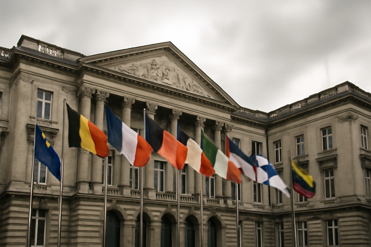 Exterior of a Czech government building with national flags, under overcast sky