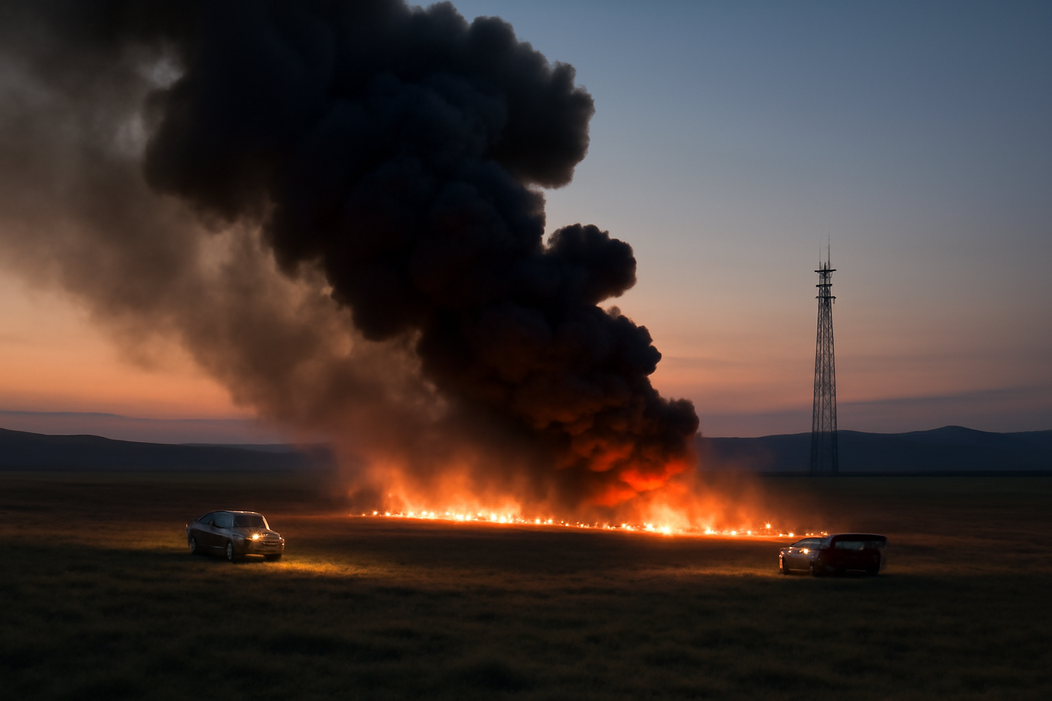 Smoke rises over Mongolia's grassland steppe near a telecommunications tower during a wildfire