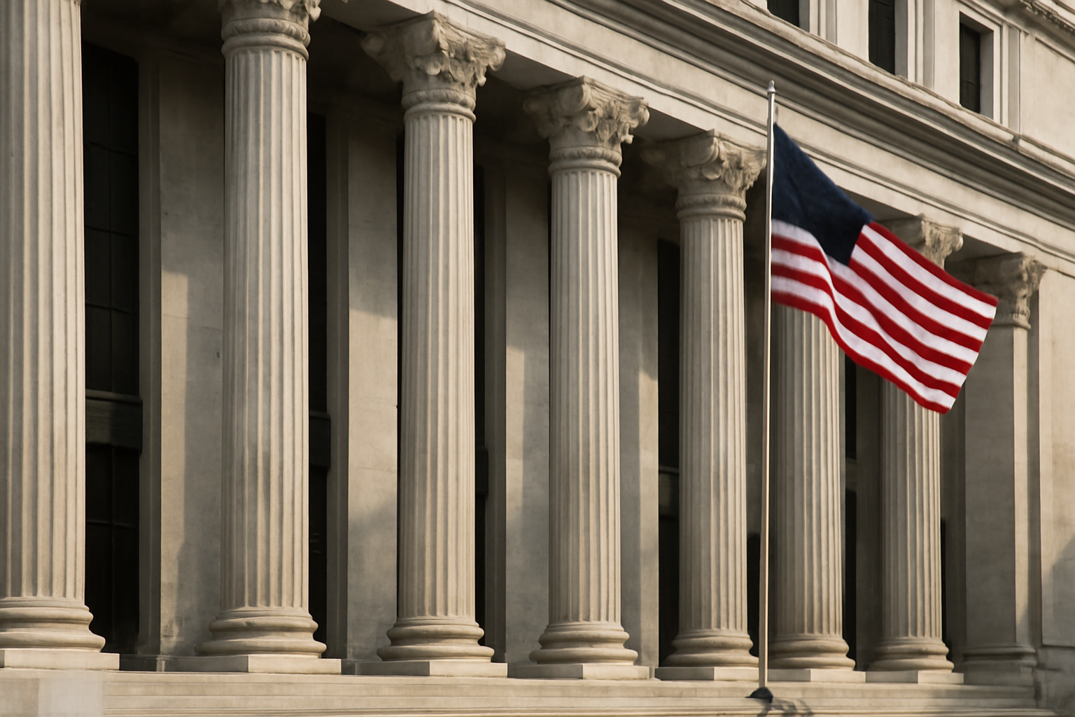 Exterior of a U.S. federal courthouse building with marble columns under daylight