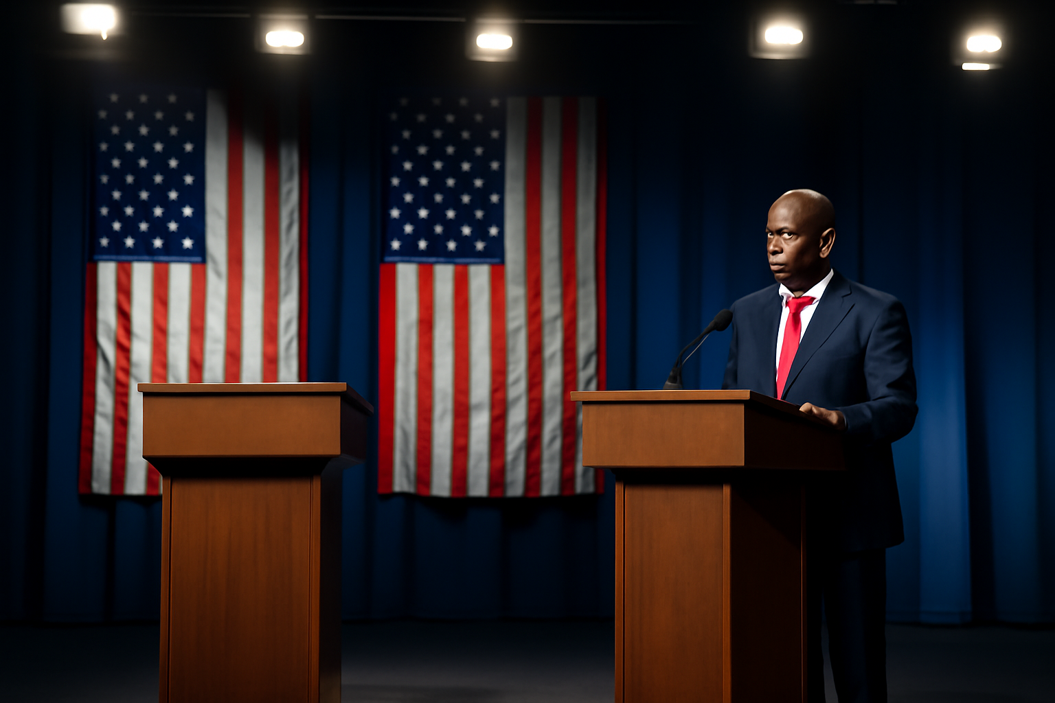 A lit debate podium on stage next to an empty podium with no candidate