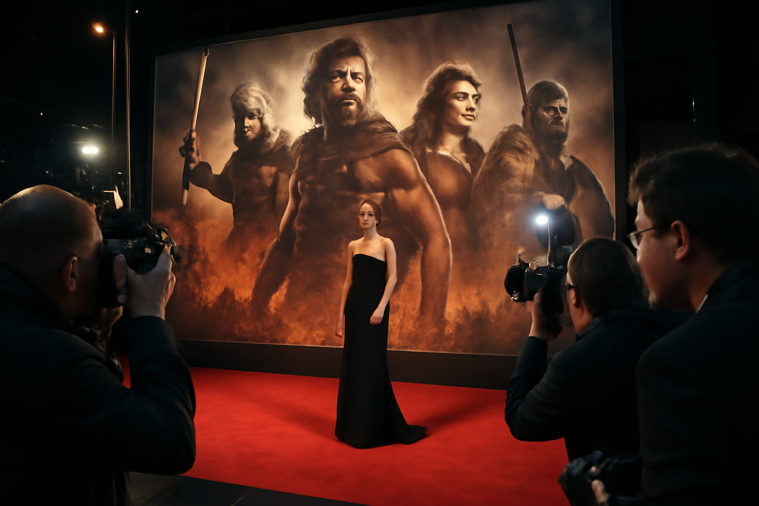 Film premiere backdrop with epic-style poster art and photographers in the foreground