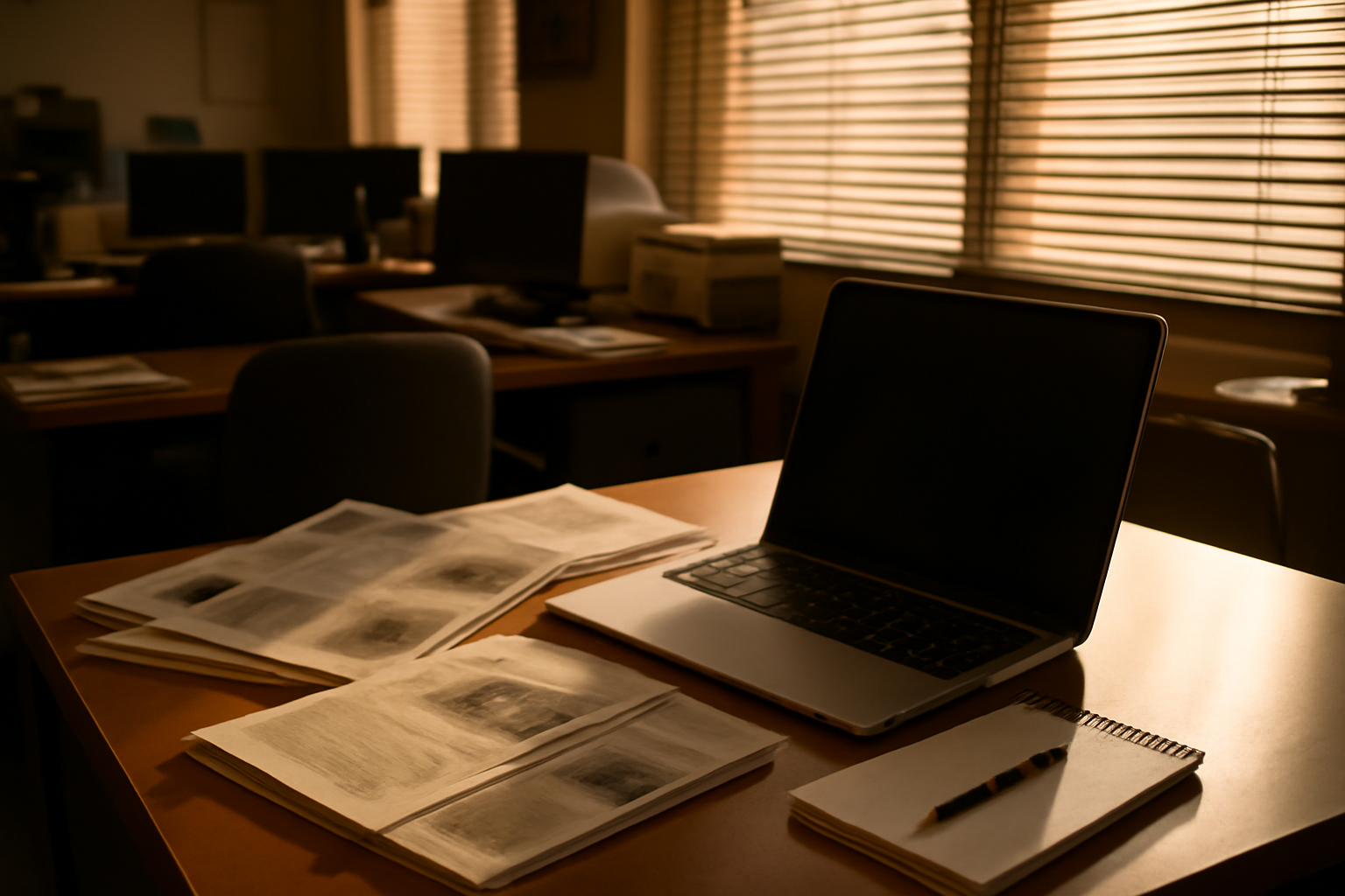 Newsroom desk with a laptop, notebook, and local newspaper archives