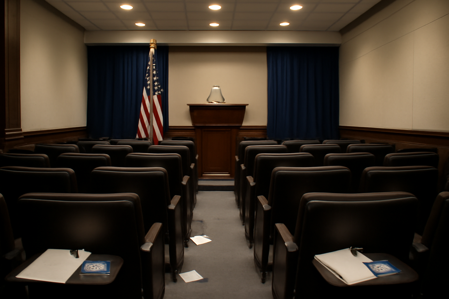 Empty press briefing room chairs with reporter notebooks on seats under overhead lighting