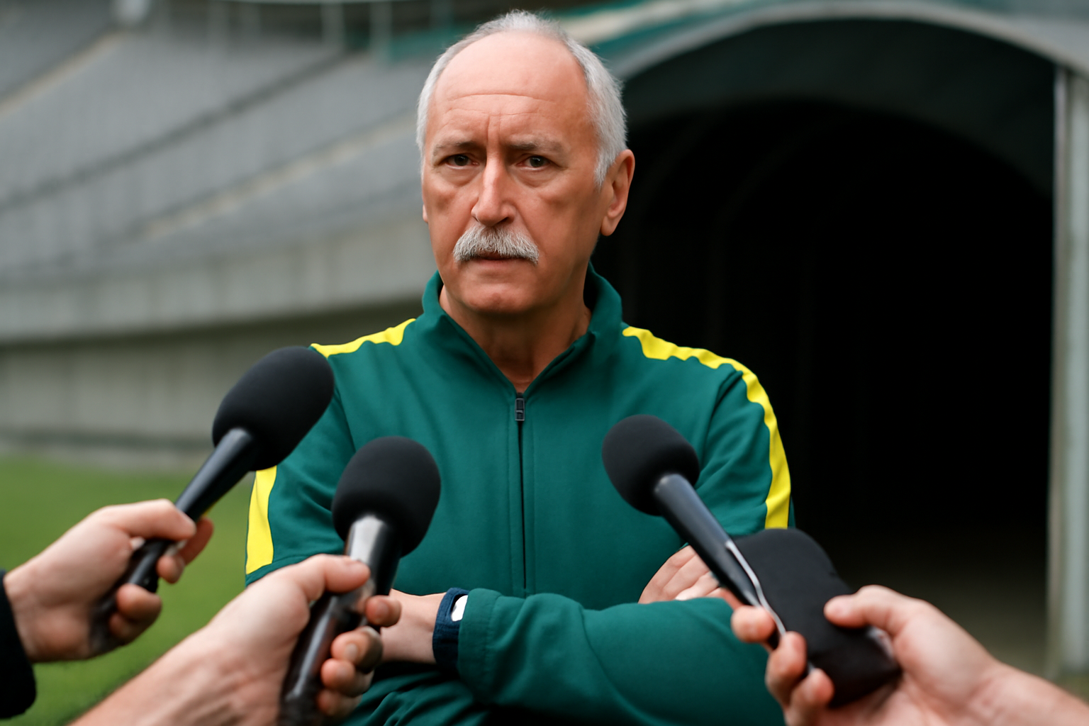 A soccer coach in a tracksuit standing on the sideline addressing reporters near a stadium tunnel