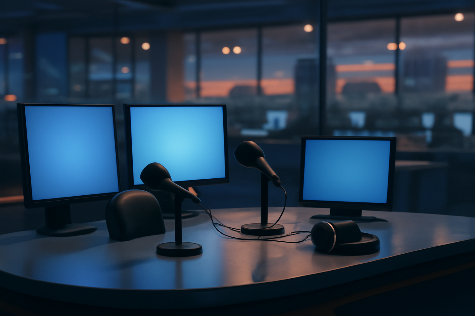 Empty television newsroom anchor desk with microphones and monitors glowing in low light