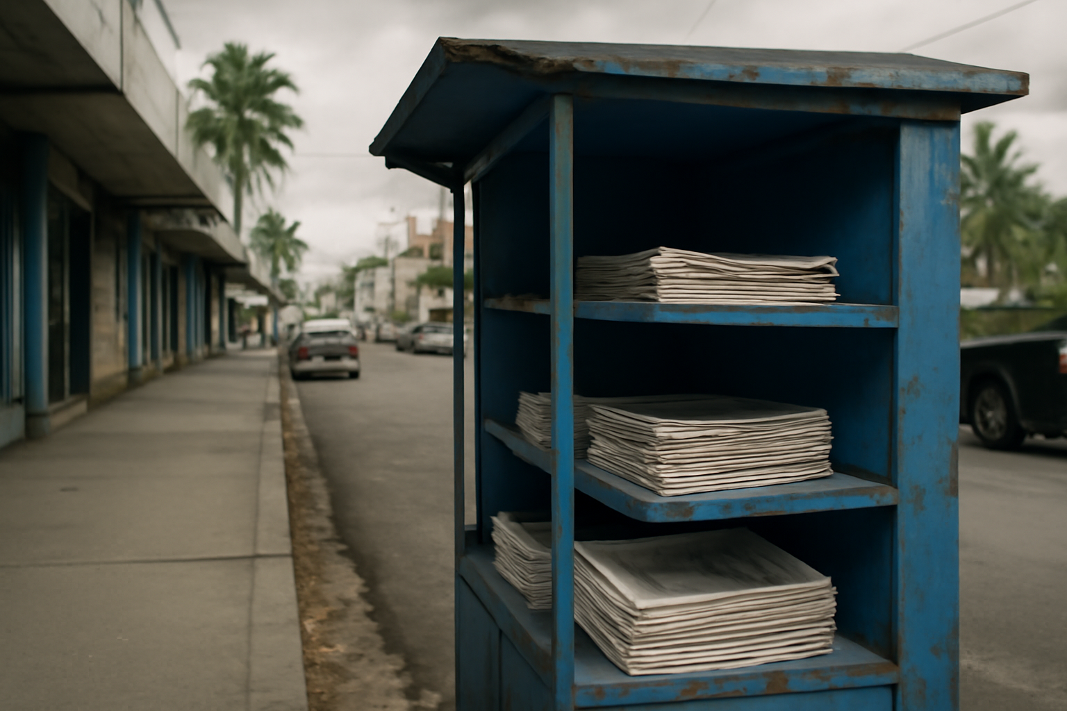 A newspaper vendor's stand displaying local papers on a street in Suva, Fiji