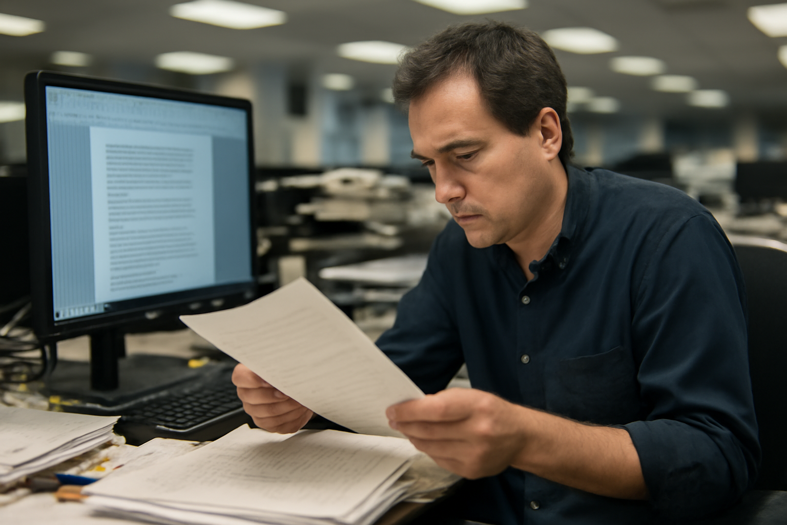 A newsroom editor reviewing a printed AI ethics policy document at a desk with a computer screen showing an article draft