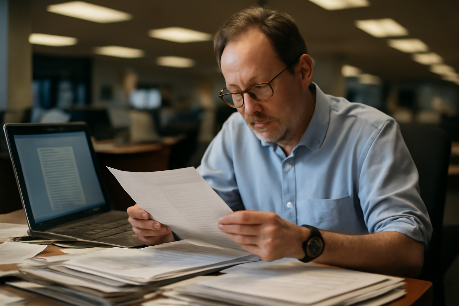 Editor reviewing printed source documents and a laptop at a newsroom desk