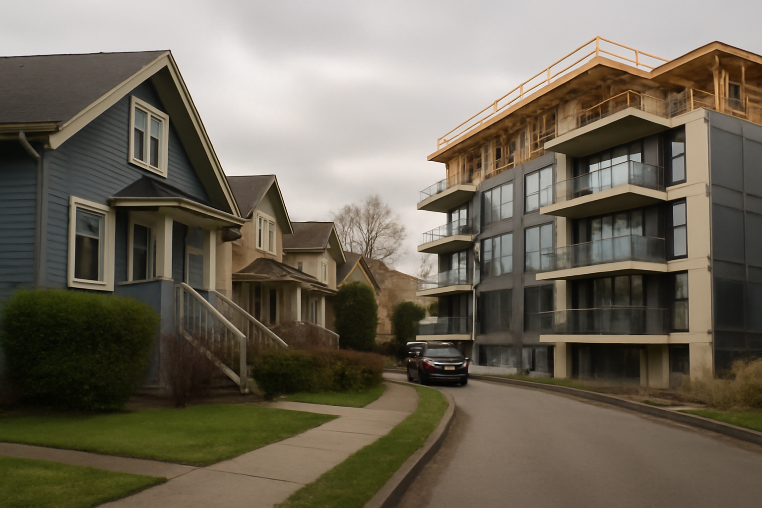 Rowhouses and mid-rise buildings under construction on a Vancouver residential street