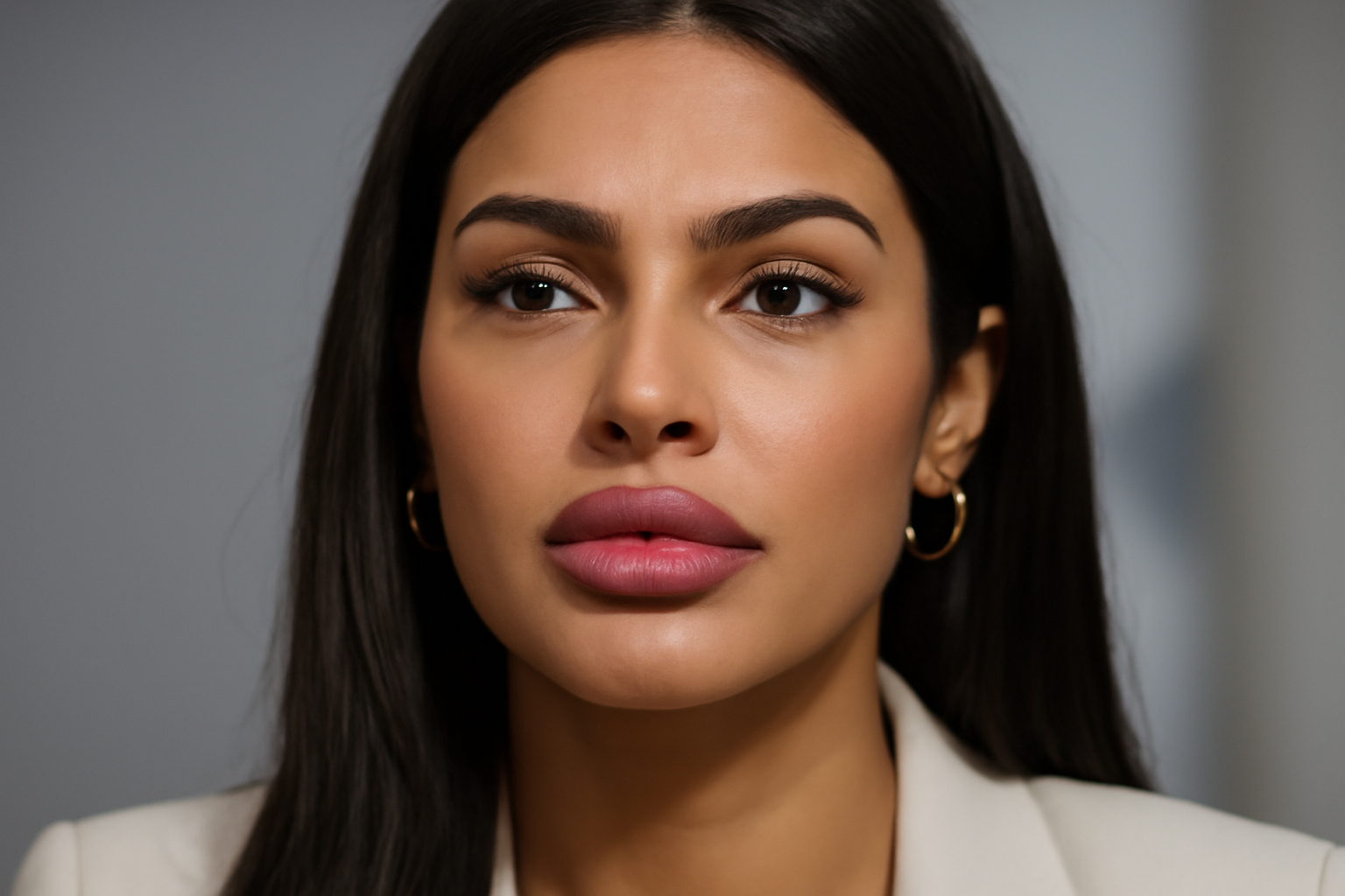 Close-up studio portrait of a South Asian actress with visible lip filler, facing camera lights