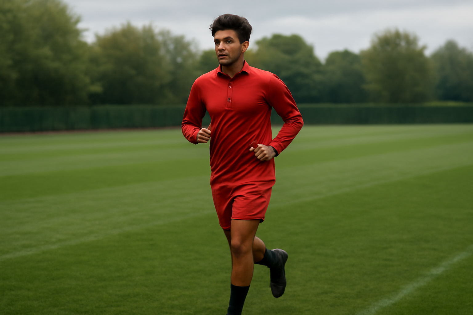 Young Arsenal midfielder in training kit jogging on a Premier League practice pitch