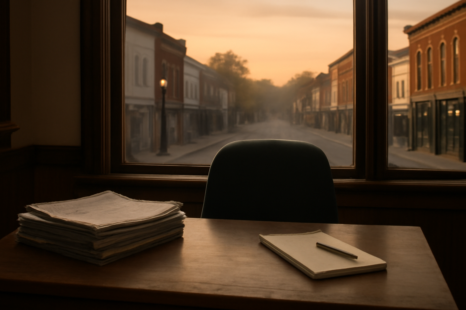 Empty wooden desk in a small-town newsroom with a stack of folded newspapers at dawn