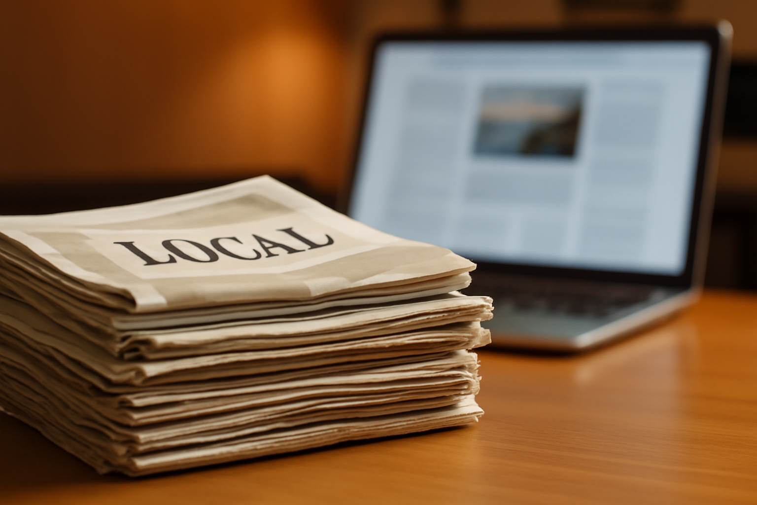 Stack of local newspapers on a wooden desk beside a laptop showing a news website