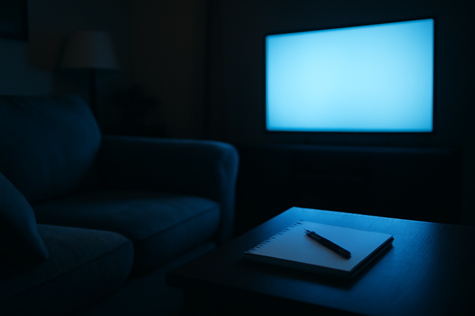 A glowing television screen in a dim living room with a notepad and pen resting nearby