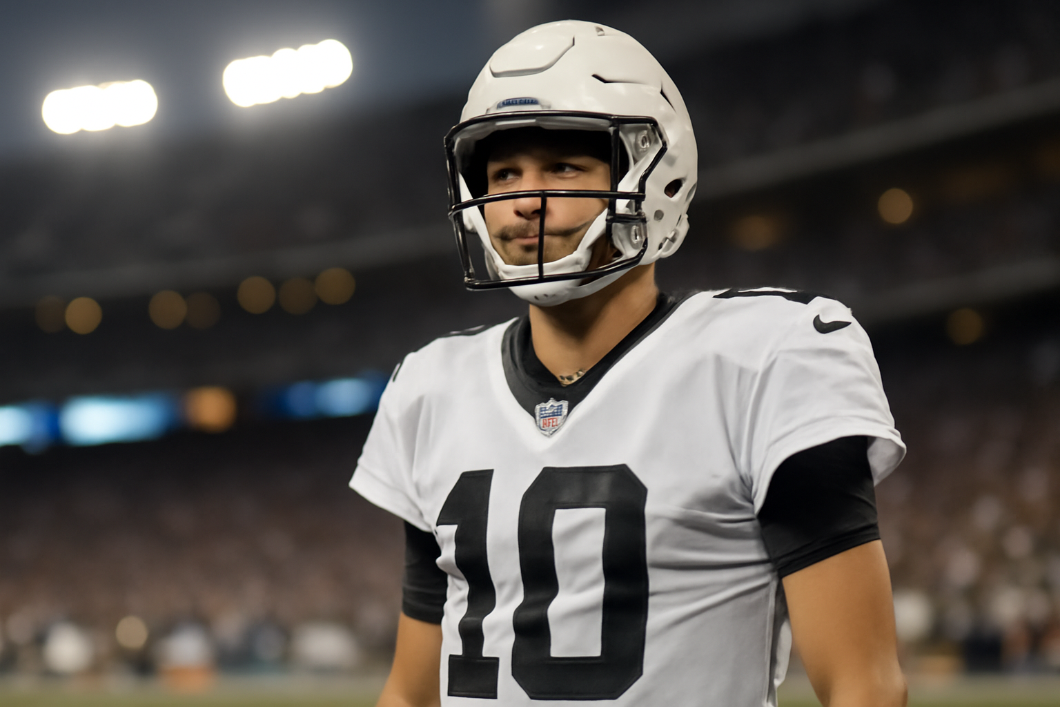 A football quarterback in uniform standing on the sideline during a televised NFL broadcast
