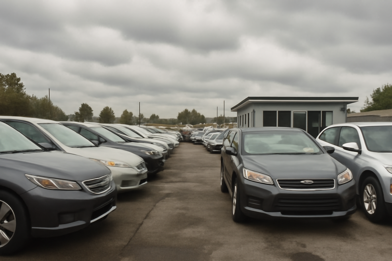 Rows of cars parked on a dealership lot under overcast sky