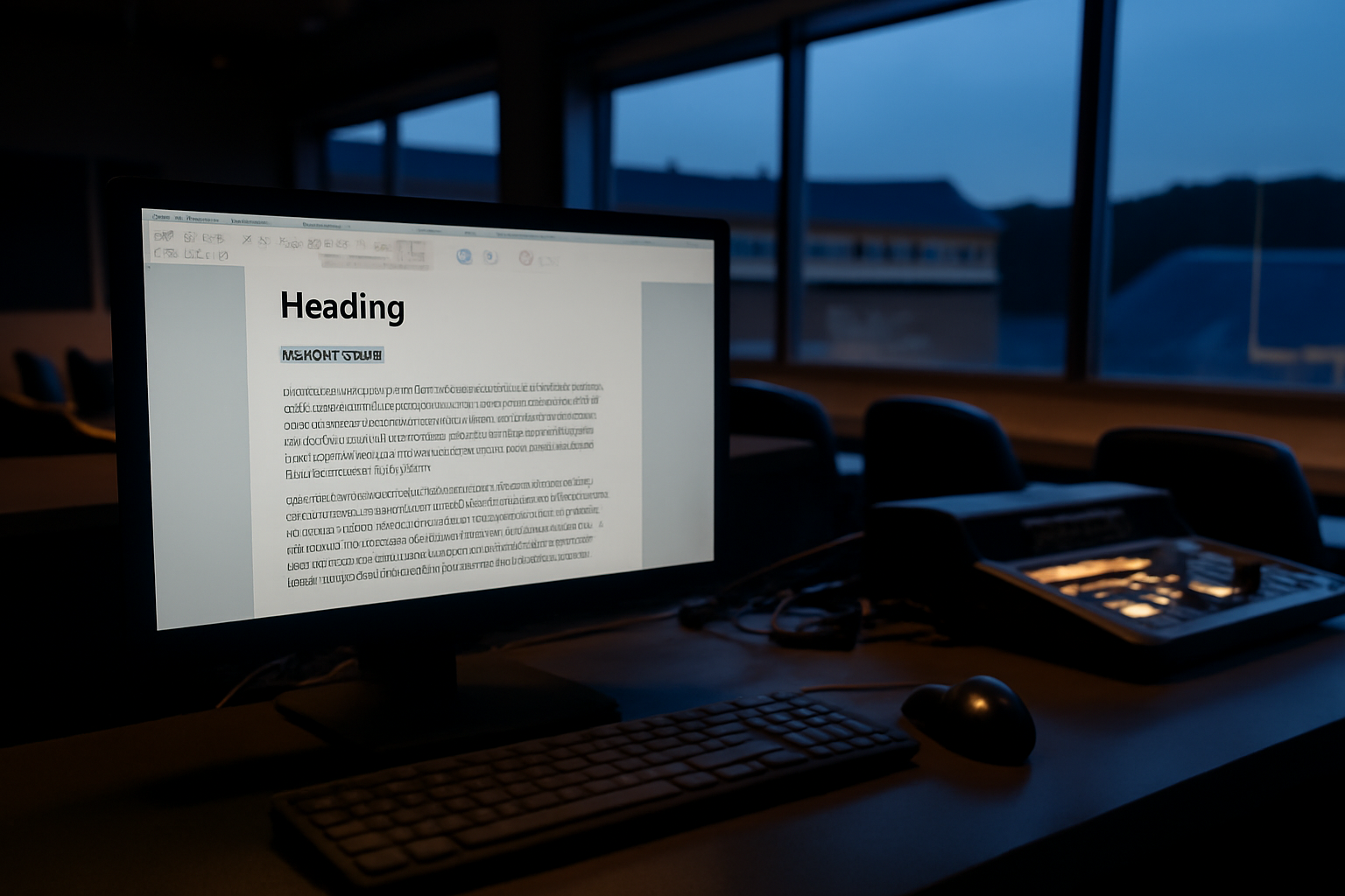 A sports newsroom monitor displaying an AI-generated article alongside a traditional press box